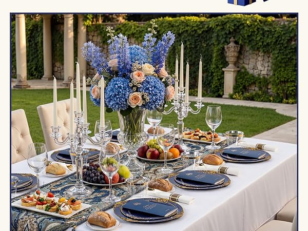blue and gold plates