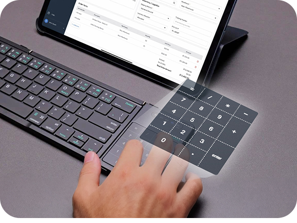 Number pad mode on foldable keyboard for fast numeric input in spreadsheets and accounting work