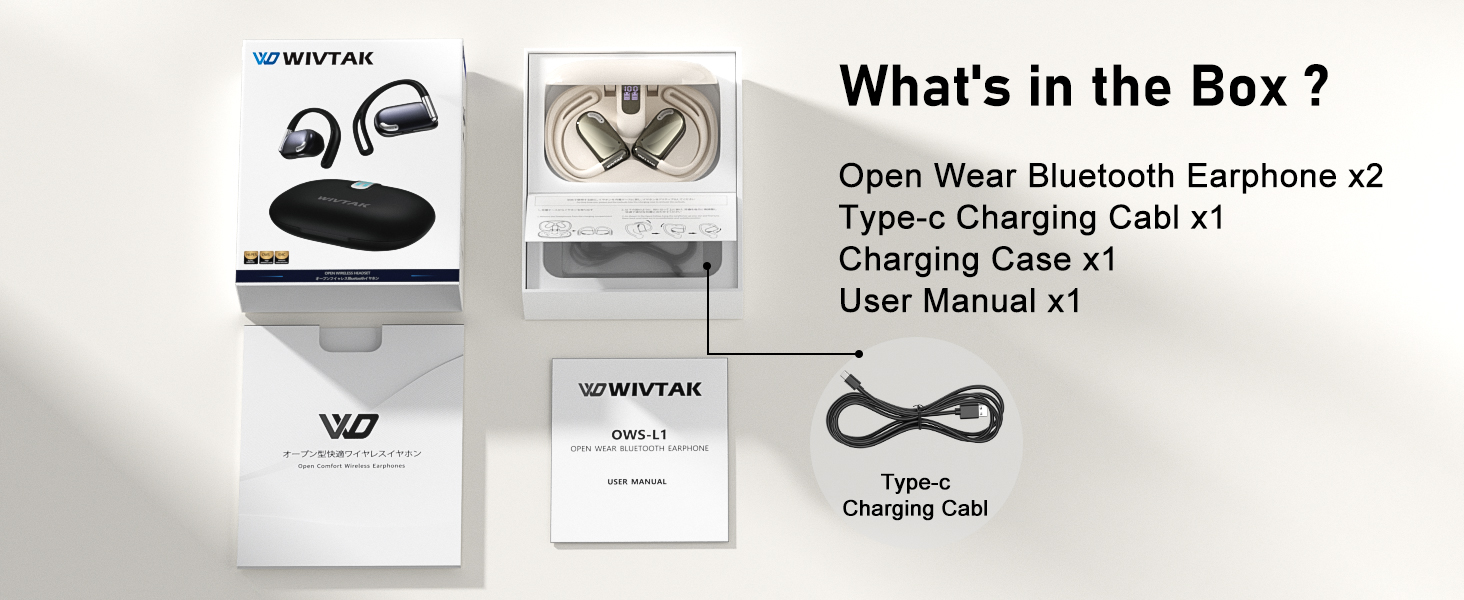 Includes open-ear Bluetooth earbuds, charging case, Type-C cable, and user manual in box.