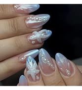 24Pcs French Tip Press On Nails Medium Almond Shape,Shimmer Aurora Blue Gradient Press On with 3D...