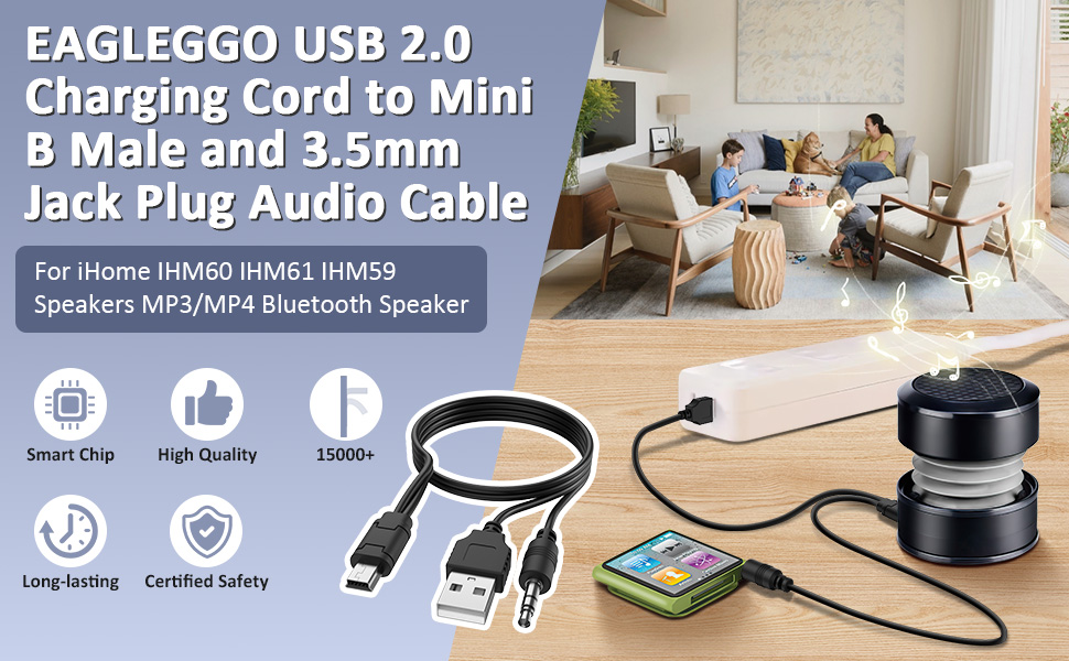 USB2.0 Charging Cord to Mini B Male and 3.5mm Jack Plug Audio Cable for iHome IHM60 IHM61 IHM59