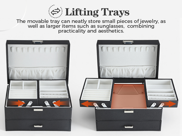 3-tier jewelry case with 2 drawers, large capacity storage for bracelets and earrings