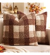 MIULEE Fall Plaid Pillow Covers Boucle Brown White 18x18 Set of 2 | Autumn Decorations Farmhouse,...