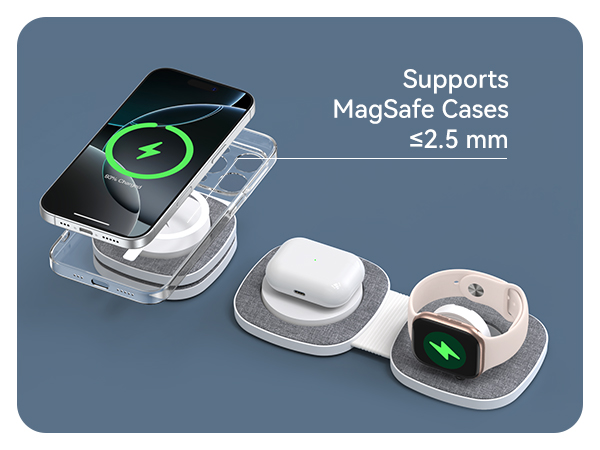 Text reads: 'MagSafe Cases' 'Supports =2.5 mm'. Product demonstration showing clear charging dock supporting Apple Watch and iPhone with MagSafe compatibility, displayed at different angles.