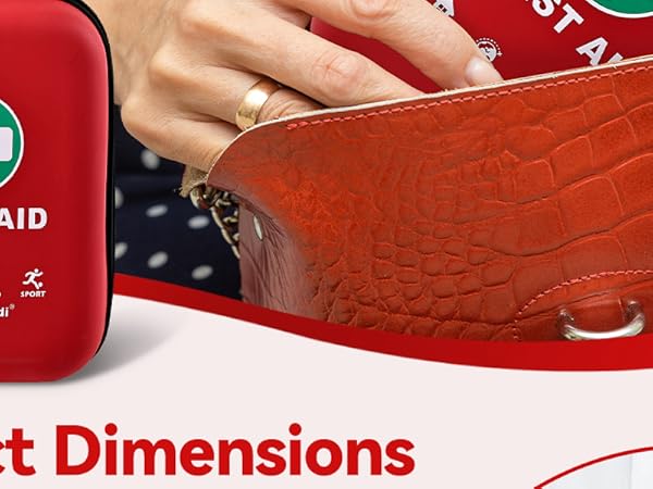 Text reads 'FIRST AID' and 'Product Dimensions'. Red first aid kit shown from multiple angles, displaying compact design and zipper closure.