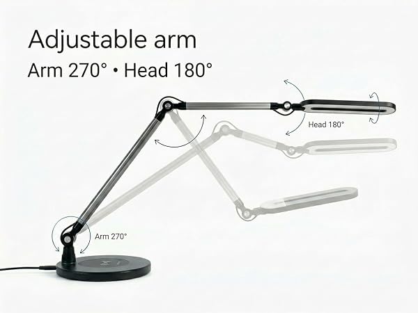 adjustable desk lamp with multi-joint arm showing 270 degree rotation and 180 degree head swivel
