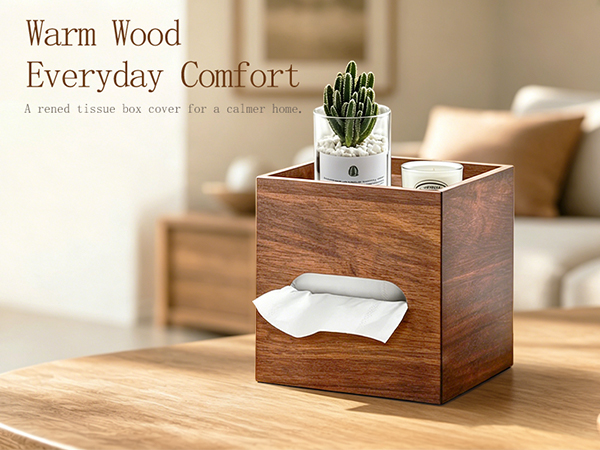 Square Tissue Box Cover, Multi-Functional Wood Tissue Box Holder with Storage Grid