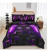 PERFEMET 6 Pieces Gamer Comforter Sets Twin Size Purple Game Console Boys Bed in A Bag 3D Cool Bl...