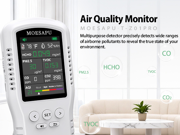 air quality monitor formaldehyde hcho tvoc voc co2 pm2.5 aqi meter detector alarm tester home indoor