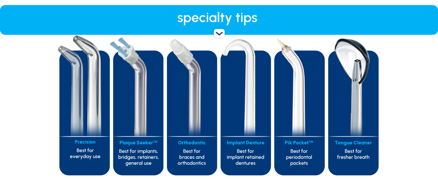 Image of Waterpik tips with text reading specialty flossing tips.