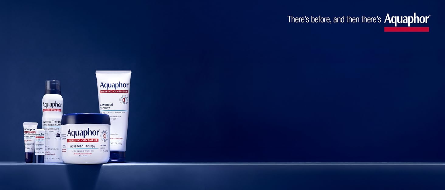 There's before, and then there's Aquaphor. Aquaphor products against blue background.