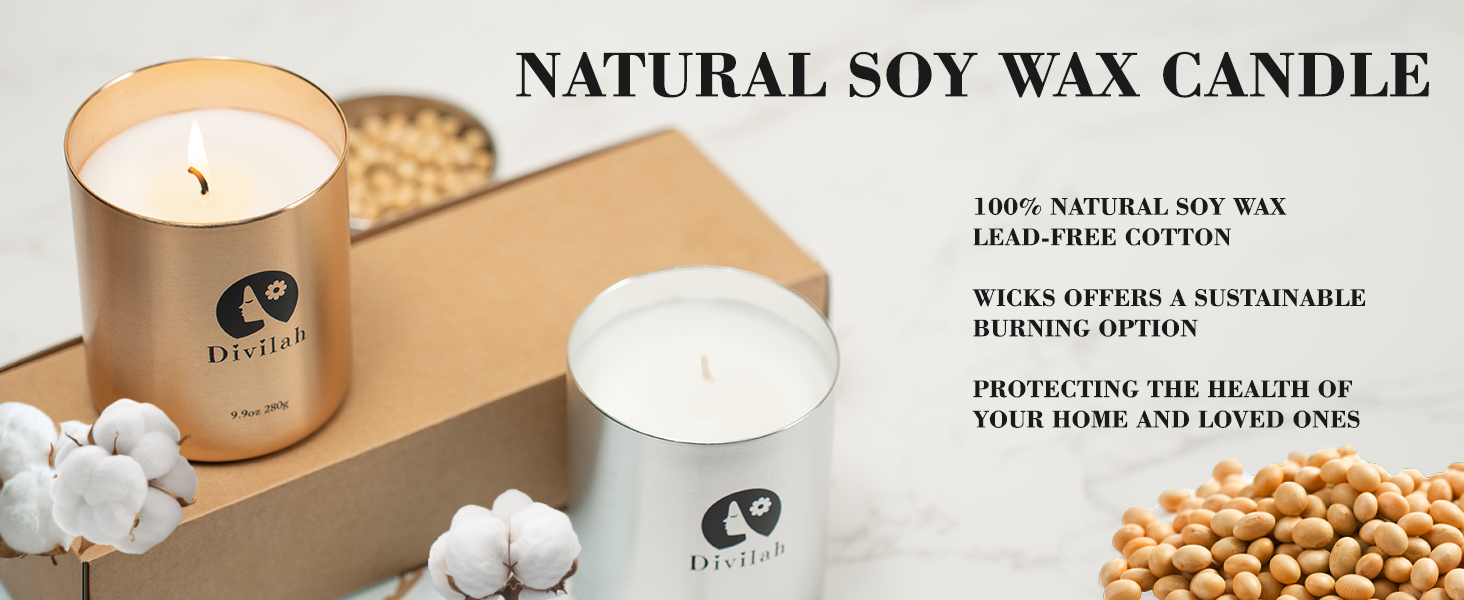Natural soy wax candle product display with cotton flowers and soybeans, featuring minimalist packaging and product information text.