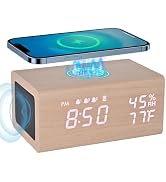 Wooden Digital Alarm Clocks,10W Wireless Charging with 3 Alarms, Dual 5W Stereo Bluetooth Speaker...