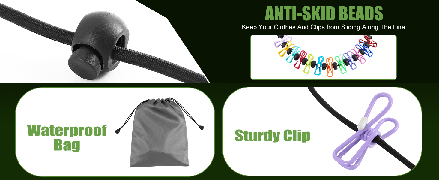 The travel clothesline features 12 colorful clothesline clamps and 13 windproof, non-slip clamps