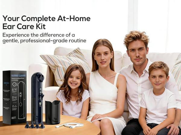 Text reads 'Your Complete At-Home Ear Care Kit' and 'Experience the difference of a gentle, professional-grade routine'. Product display shows sleek black ear care tools arranged on wooden surface.