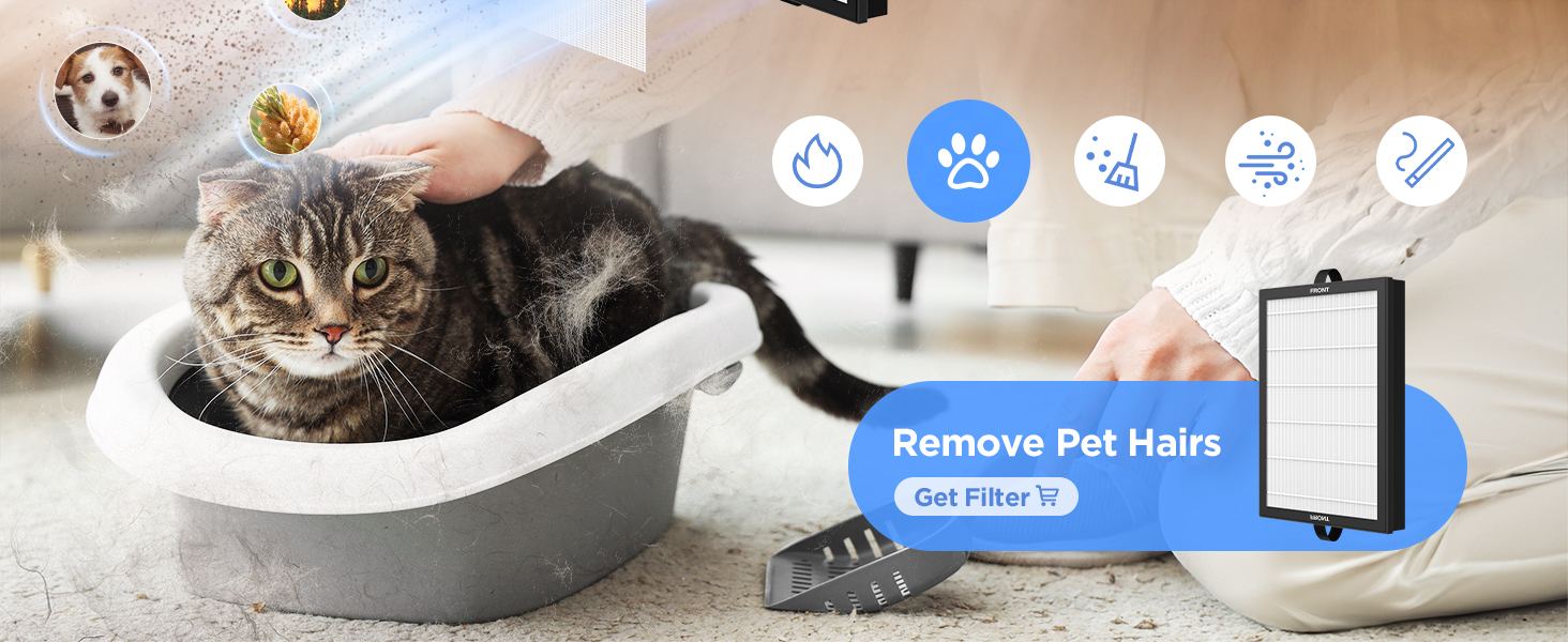 Pet air purifier filter removes pet hair and dander, ideal for homes with cats and dogs