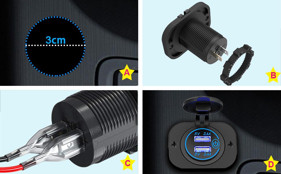 Cigarette Lighter socket Adapter 5V Fast Charge with Blue LED for Boat Motorcycle ATV RV goft cart