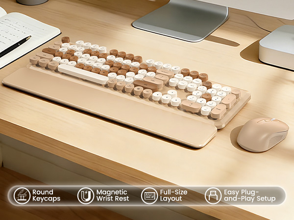 Latte wireless keyboard and mouse with round keycaps, magnetic wrist rest, and plug-and-play setup.