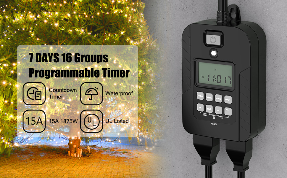 Outdoor Digital Timer for Lights, 7-Day Programmable Plug Waterproof in Timer