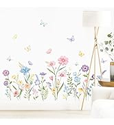 Garden Flower Wall Decals Watercolor Wildflower Grass Butterflies Wall Stickers Peel and Stick Wa...