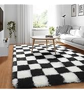 KICMOR Black and White Checkered Rug, 3x5 Fluffy Area Rugs for Bedroom, Fuzzy Furry Shag Shaggy L...