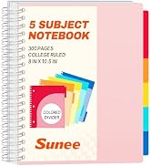 SUNEE Spiral Notebooks for Work with Removable Dividers & Tabs – College Ruled 5 Subject, 300 Pag...