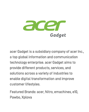 Acer Gadget company information page showing green logo and descriptive text about their technology enterprise and digital solutions.