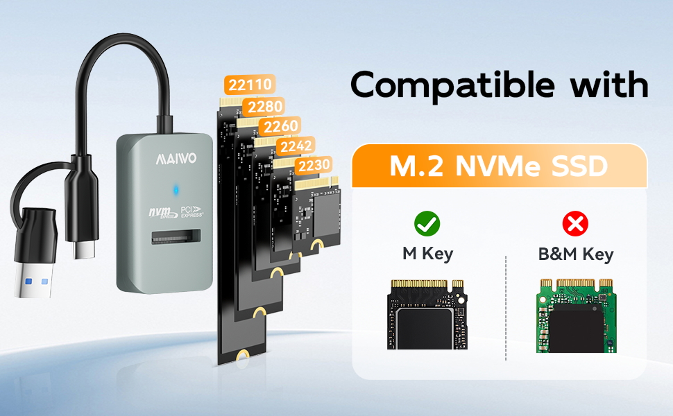 M.2 NVMe to USB Adapter,M.2 PCIe NVMe M-Key SSD sizes 2230/2242/2260/2280/22110mm