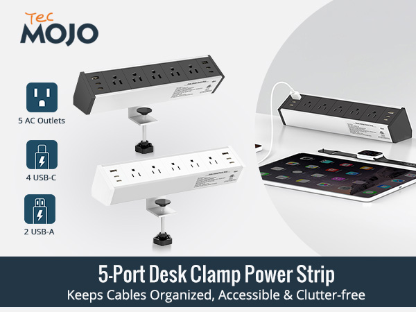 Desk Clamp Power Strip 5 Outlet with 2 USB A and 4 USB C Ports