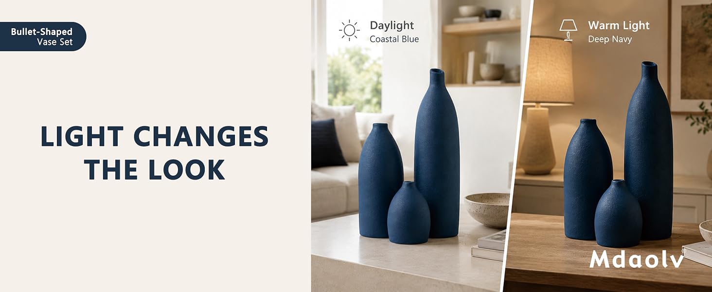 Navy blue ceramic vase set shown under daylight as coastal blue and warm light as deep navy