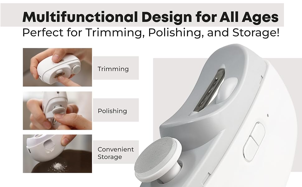 Multifunctional electric nail trimmer showing toe cortauñas electrico trimming and polishing