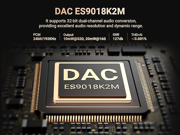 Text reads 'DAC ES9018K2M'. Close-up of a digital-to-analog converter chip on a circuit board with technical specifications visible.