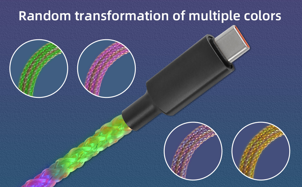 Text reads 'Random transformation of multiple colors'. USB cable with color-changing braided sleeve shown in green, pink, yellow variations with magnified detail views