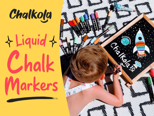 Vibrant Chalkola chalk markers being used by a kid on a non-porous chalkboard