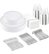 175Pcs Silver Plastic Dinnerware Set, Plastic Plates Disposable for 25 Guests Include:25 Silver R...