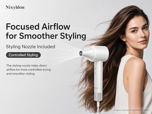 Nixyldon ionic hair dryer with styling nozzle for controlled airflow