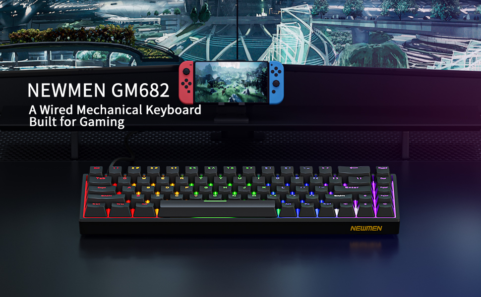 Text reads 'NEWMEN GM682 - A Wired Mechanical Keyboard Built for Gaming'. RGB backlit mechanical gaming keyboard with black frame, multi-colored keycaps in checkerboard pattern, displayed at angle on dark background.