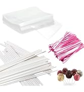Basquei Cake Pop Sticks 6 Inches, Cake Pop Bags (3.9"X4.7"), Pink Metallic Twist Ties, 300 Pcs Ca...