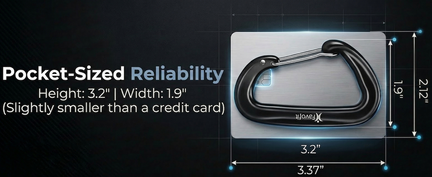 3.2" Henght and 1.9" width pocket-sized carabiner. Slightly smaller than a credit card.