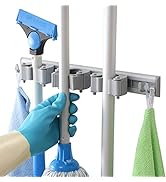 DrDirt Broom Holder Wall Mount with 3 Sliding Grippers and 4 Hooks, 13.4inch Heavy Duty Garden To...