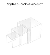 Set of three clear acrylic nesting tables or display cubes in square shapes, with dimensions 3x3", 4x4", and 5x5".
