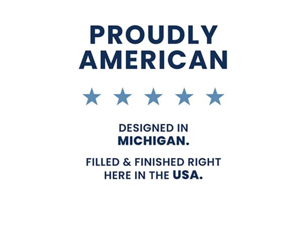 Outdoor cushions, designed in Michigan, filled and finished in USA, American