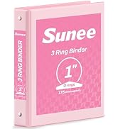 SUNEE 3 Ring Binder 1 Inch Pink 1 Pack, Holds 175 Sheets of Letter Paper, Clear View 1" Three Rin...