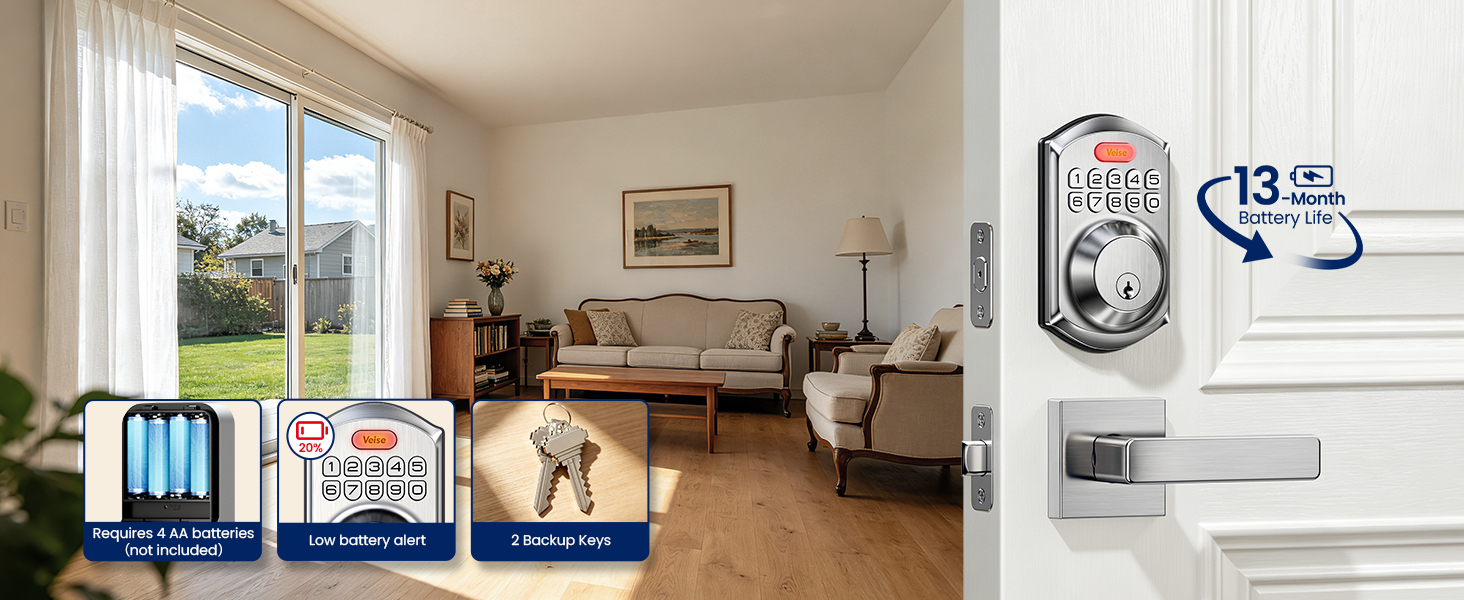 Smart door lock powered by 4 AA batteries, 13-month life, low battery alert, 2 backup keys