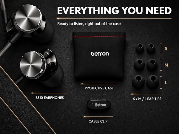 Betron BS10 earphones with included pouch, cable clip, and 3 sizes of silicone ear tips