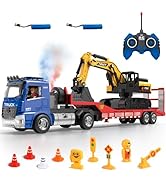 Fistone RC Semi-Trailer Truck & Friction Powered Excavator Toy Set, 1:24 Scale with Sound and Lig...