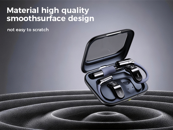 Text reads 'Material high quality' and 'smooth surface design'. Product shots showing sleek black curved device or accessory from multiple angles against dark background.