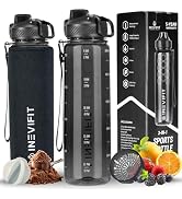 INEVIFIT 3-in-1 Sports Water Bottle 34oz 1L Hydration Tracking Water Bottles with Daily Time Mark...