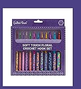 Text reads 'SOFT TOUCH FLORAL CROCHET HOOK SET' on purple packaging containing 10 colorful crochet hooks in various sizes.