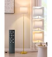 60" Modern Floor Lamp for Living Room, Standing Lamp with White Linen Lampshade, Remote and Foot ...